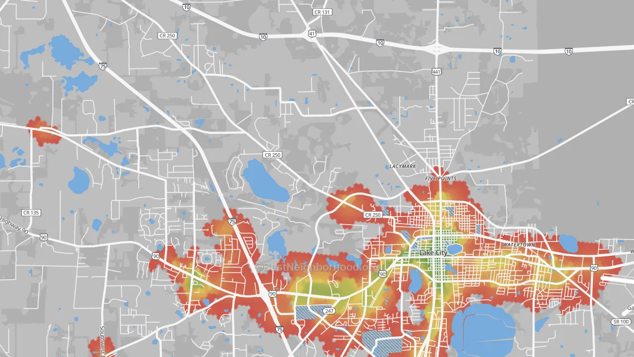 Walk Grade map of Five Points, FL, walkable areas in green and car-dependent areas in red