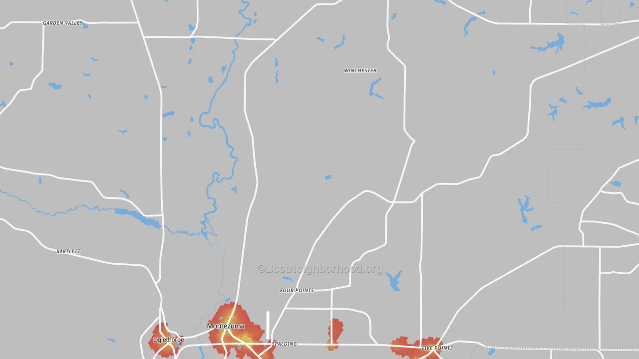 Walk Grade map of Five Points, GA, walkable areas in green and car-dependent areas in red
