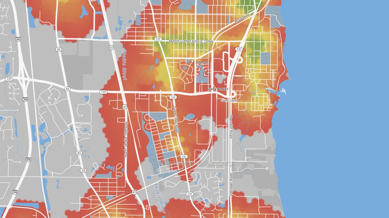 Walk Grade map of Five Points, Great Lakes, IL, walkable areas in green and car-dependent areas in red