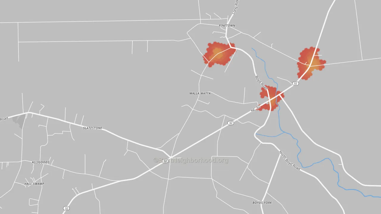 Walk Grade map of Five Points, NC, walkable areas in green and car-dependent areas in red