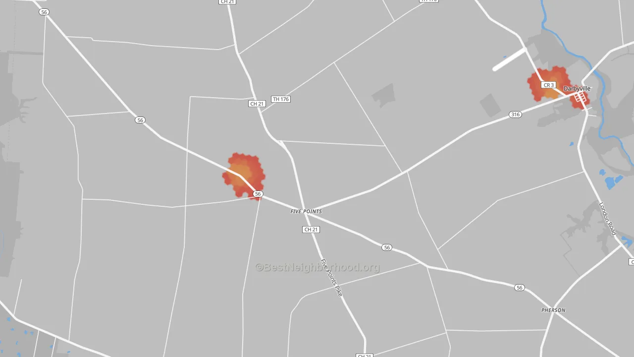 Walk Grade map of Five Points, OH, walkable areas in green and car-dependent areas in red