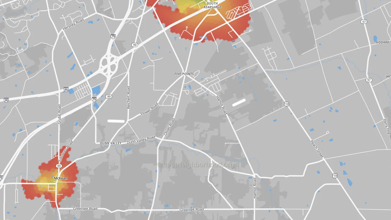 Walk Grade map of Five Points, PA, walkable areas in green and car-dependent areas in red