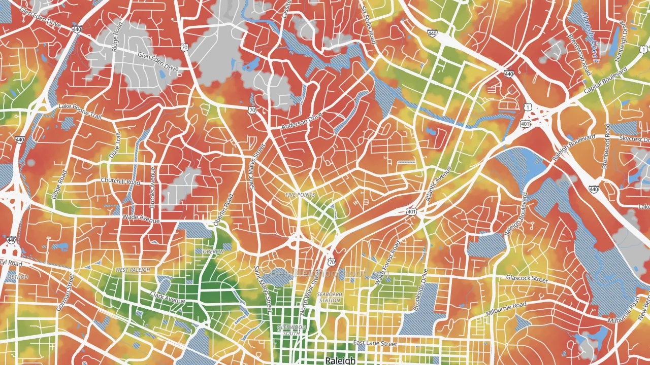 Walk Grade map of Five Points, Raleigh, NC, walkable areas in green and car-dependent areas in red