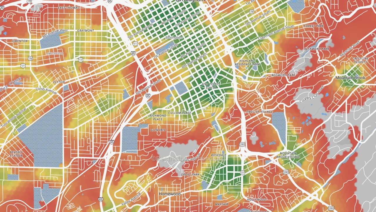 Walk Grade map of Five Points South, Birmingham, AL, walkable areas in green and car-dependent areas in red