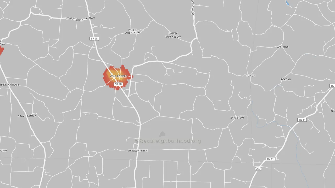 Walk Grade map of Five Points, TN, walkable areas in green and car-dependent areas in red