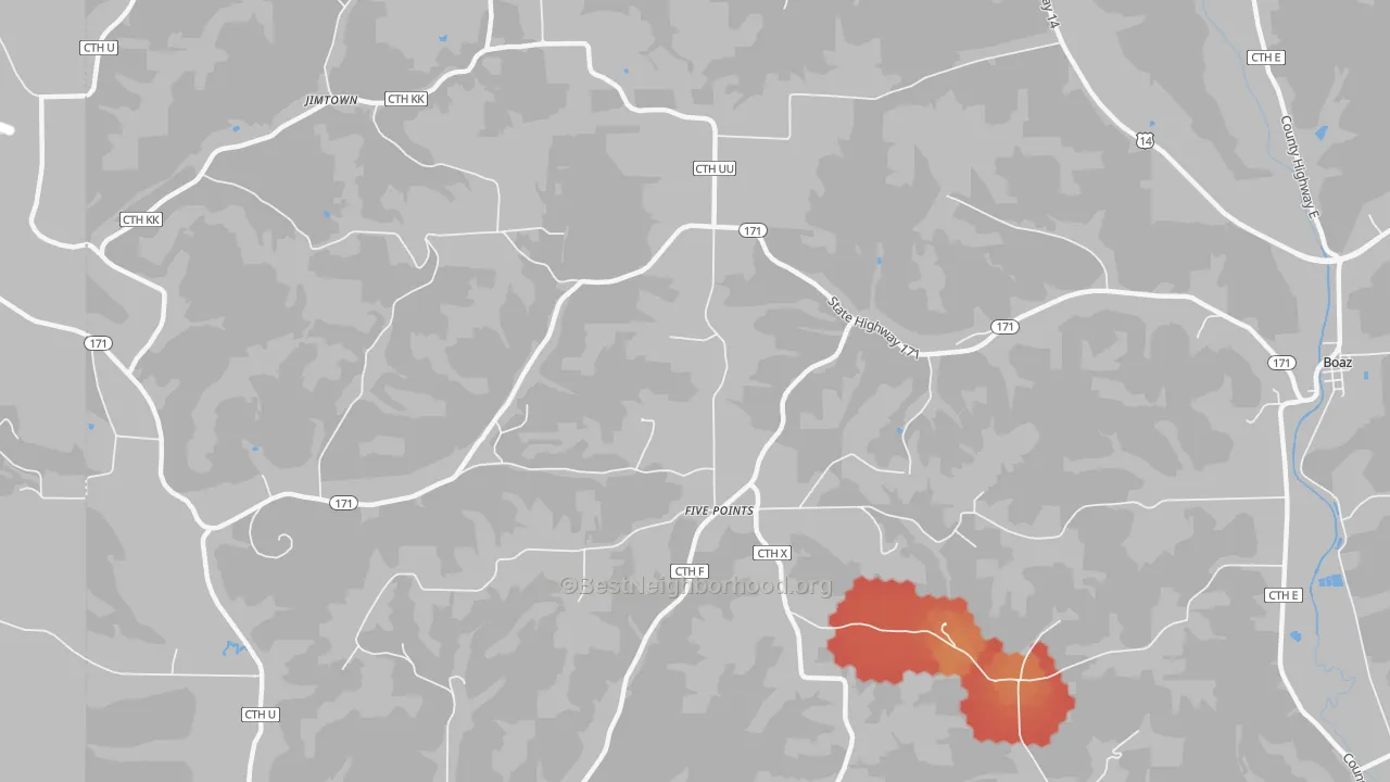 Walk Grade map of Five Points, WI, walkable areas in green and car-dependent areas in red