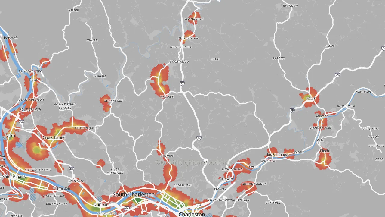 Walk Grade map of Fivemile, WV, walkable areas in green and car-dependent areas in red