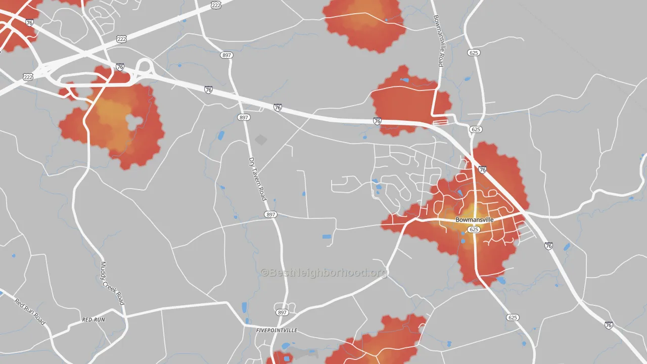 Walk Grade map of Fivepointville, PA, walkable areas in green and car-dependent areas in red