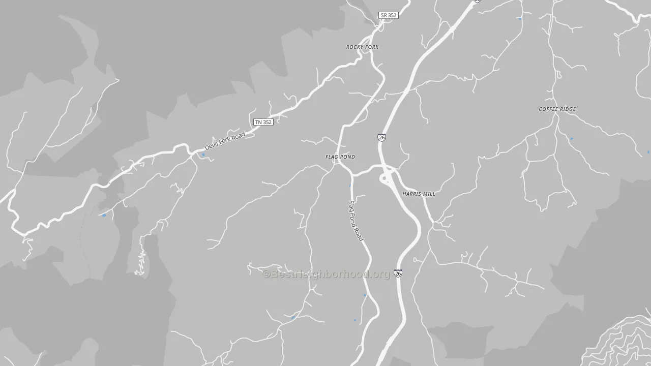 Walk Grade map of Flag Pond, TN, walkable areas in green and car-dependent areas in red