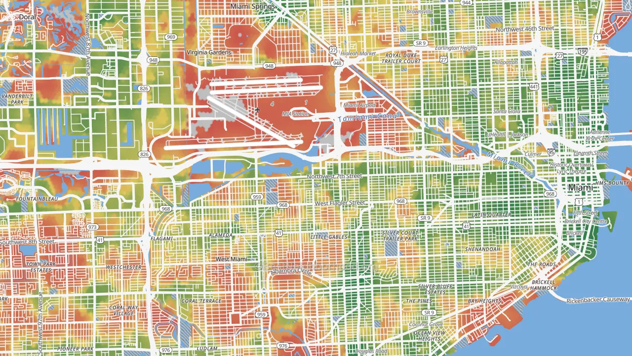 Walk Grade map of Flagami, Miami, FL, walkable areas in green and car-dependent areas in red