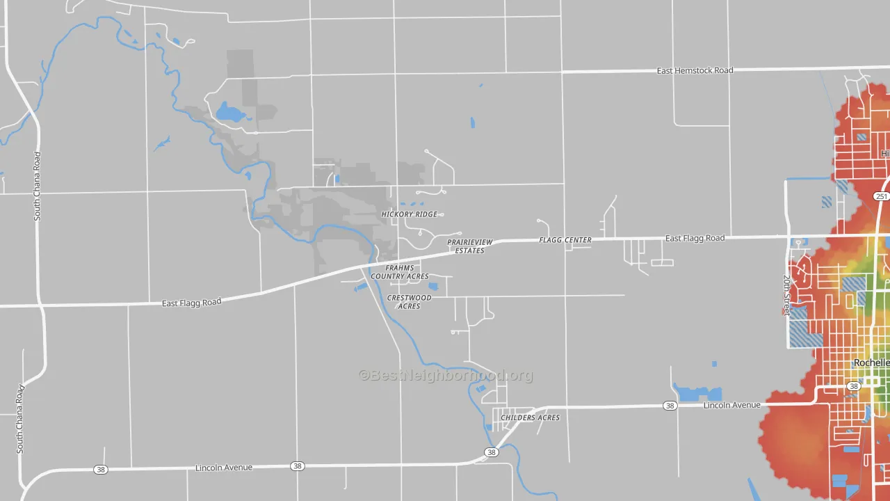 Walk Grade map of Flagg Center, IL, walkable areas in green and car-dependent areas in red