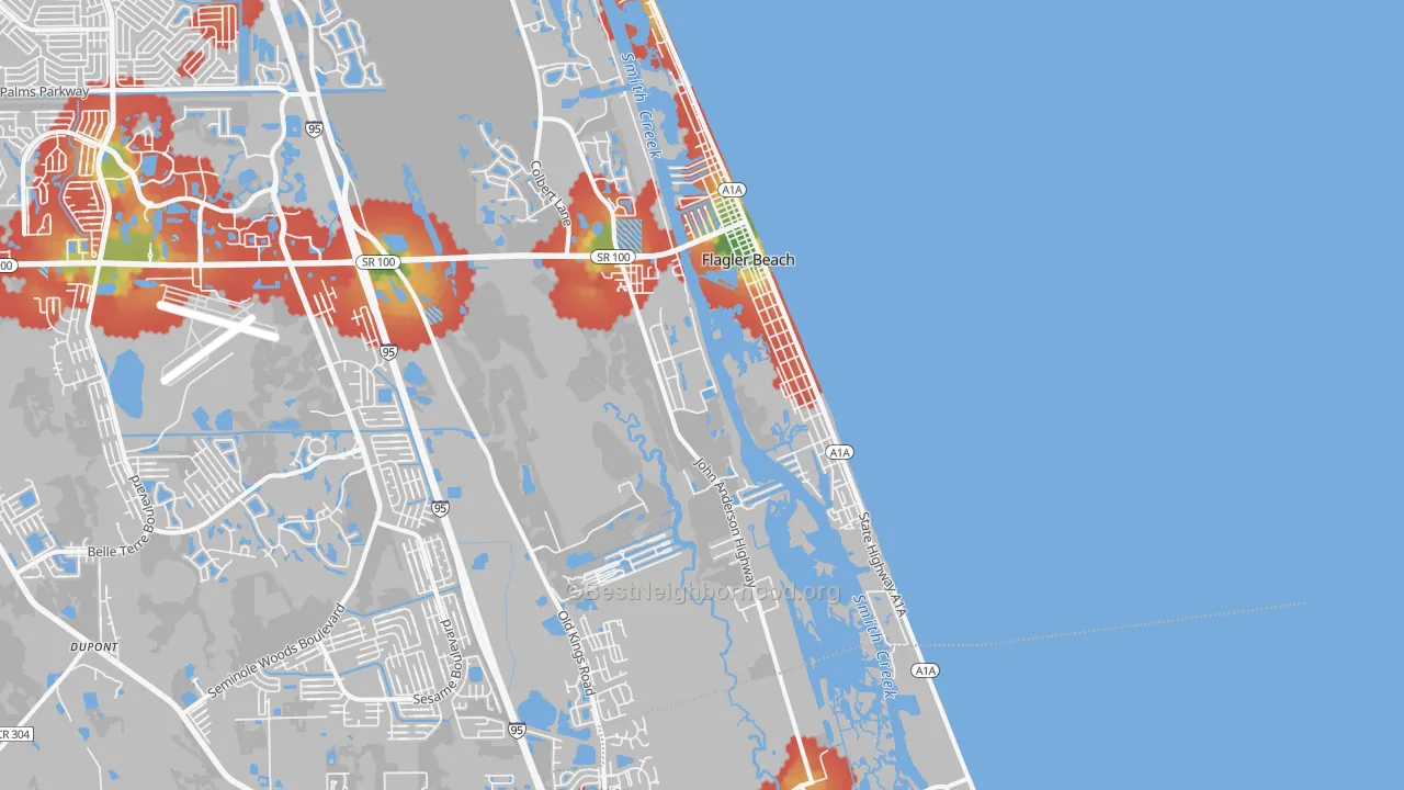 Walk Grade map of Flagler Beach, FL, walkable areas in green and car-dependent areas in red