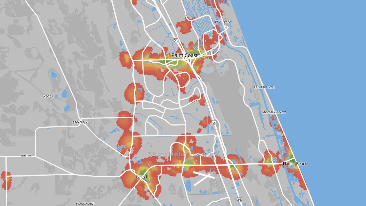Walk Grade map of Flagler County, FL, walkable areas in green and car-dependent areas in red