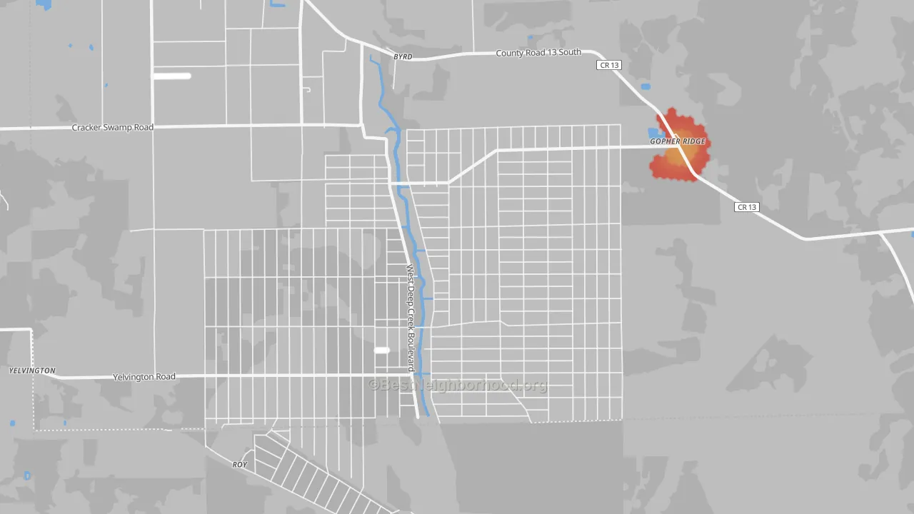 Walk Grade map of Flagler Estates, FL, walkable areas in green and car-dependent areas in red