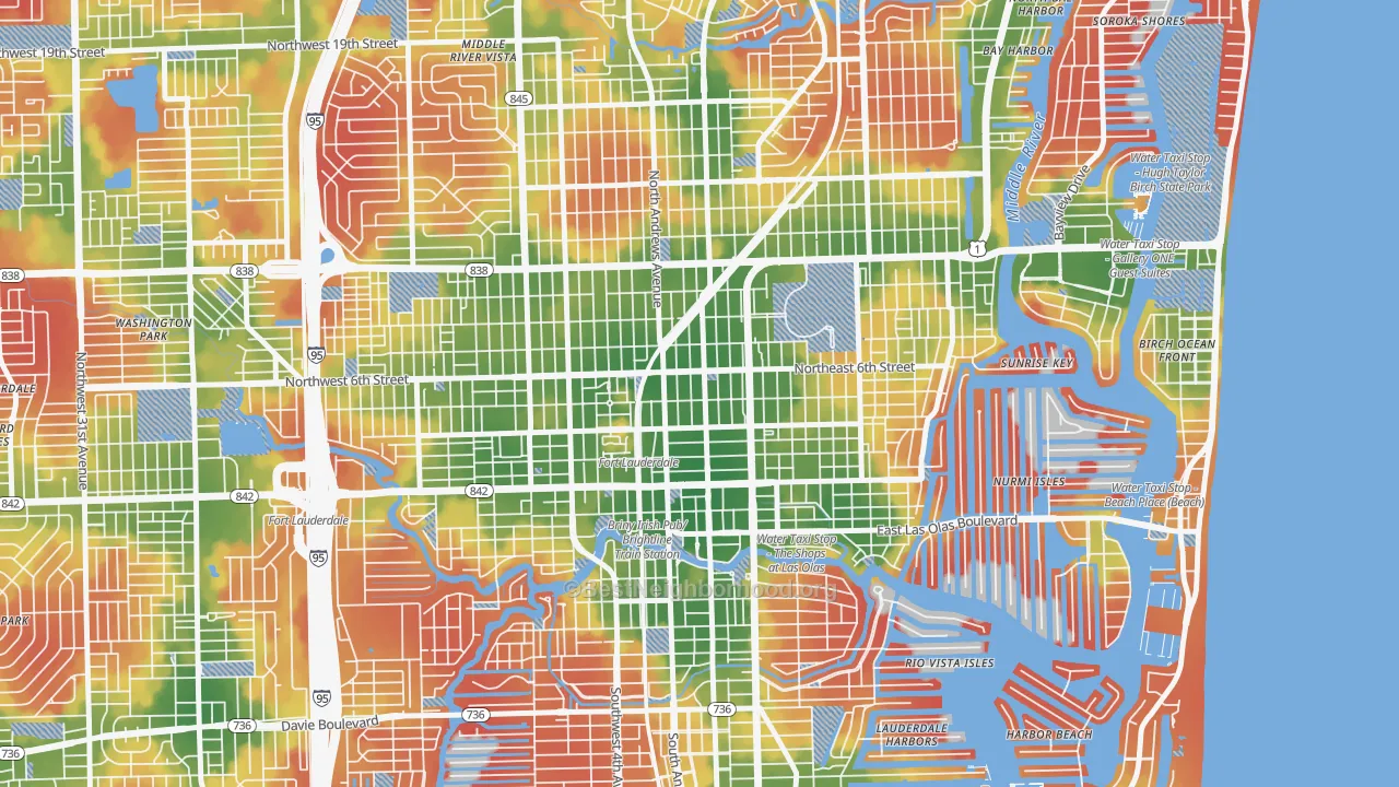 Walk Grade map of Flagler Heights, Fort Lauderdale, FL, walkable areas in green and car-dependent areas in red