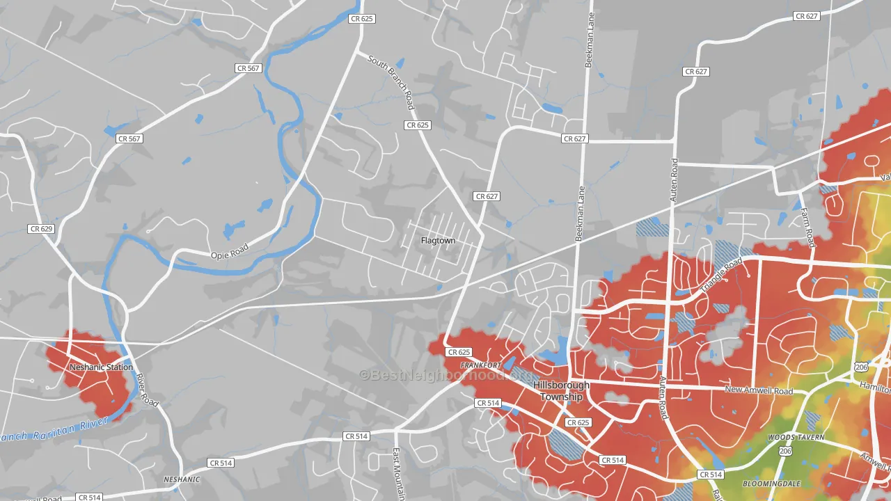Walk Grade map of Flagtown, NJ, walkable areas in green and car-dependent areas in red
