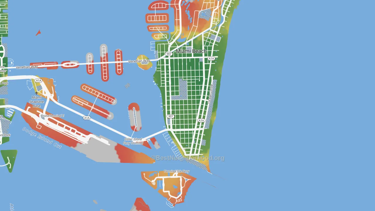 Walk Grade map of Flamingo-Lummus, Miami Beach, FL, walkable areas in green and car-dependent areas in red