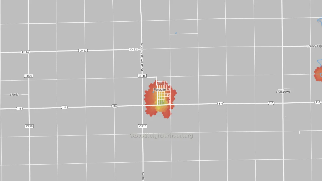 Walk Grade map of Flanagan, IL, walkable areas in green and car-dependent areas in red