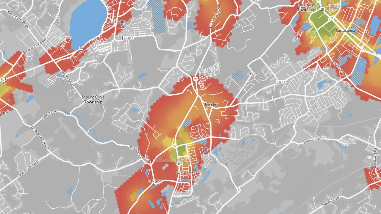 Walk Grade map of Flanders, NJ, walkable areas in green and car-dependent areas in red
