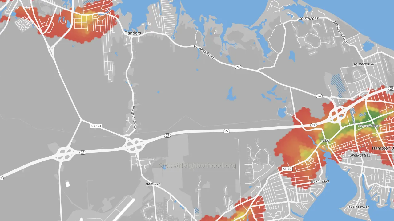 Walk Grade map of Flanders, NY, walkable areas in green and car-dependent areas in red
