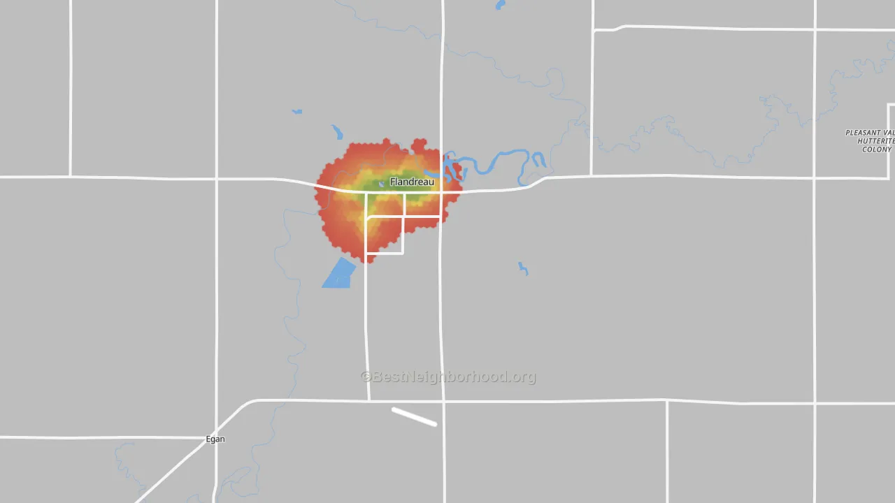 Walk Grade map of Flandreau, SD, walkable areas in green and car-dependent areas in red
