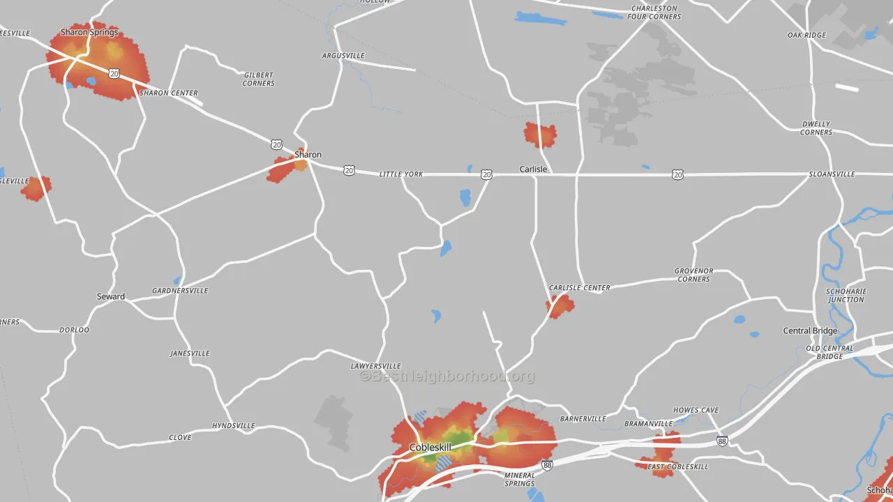 Walk Grade map of Flat Creek, NY, walkable areas in green and car-dependent areas in red