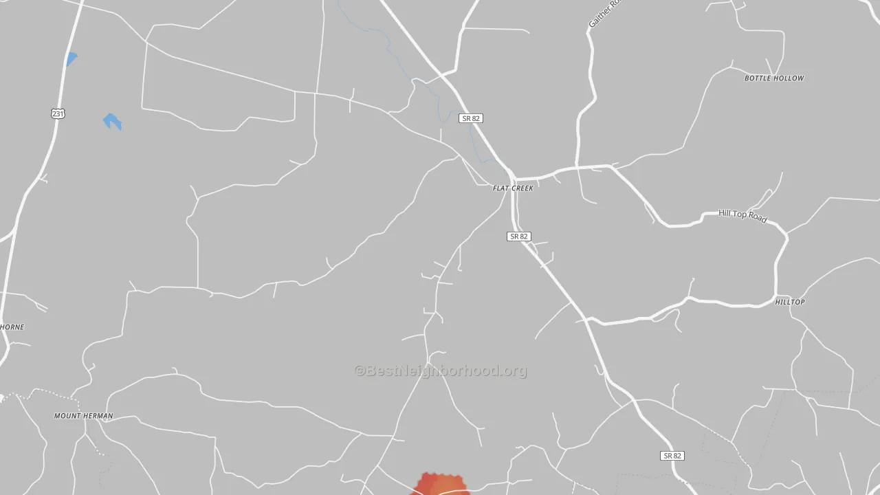 Walk Grade map of Flat Creek, TN, walkable areas in green and car-dependent areas in red