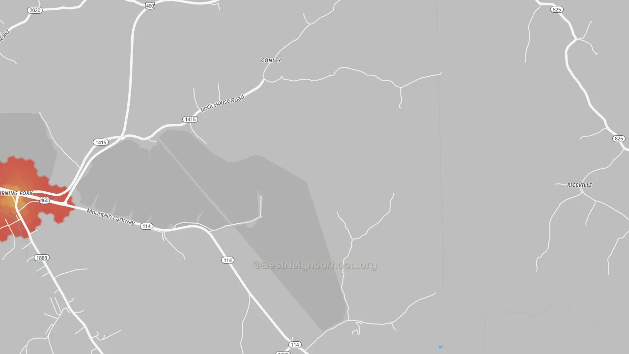 Walk Grade map of Flat Fork, KY, walkable areas in green and car-dependent areas in red