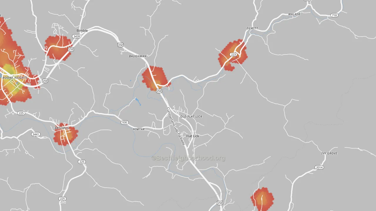 Walk Grade map of Flat Lick, KY, walkable areas in green and car-dependent areas in red
