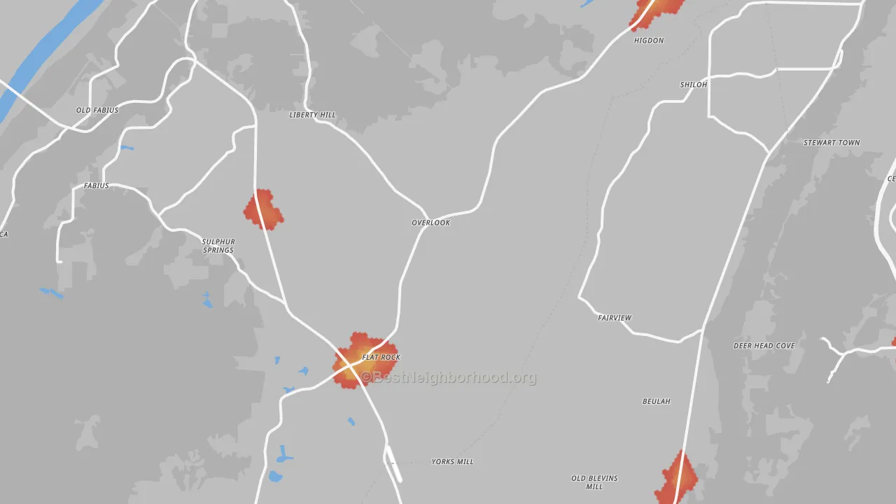 Walk Grade map of Flat Rock, AL, walkable areas in green and car-dependent areas in red