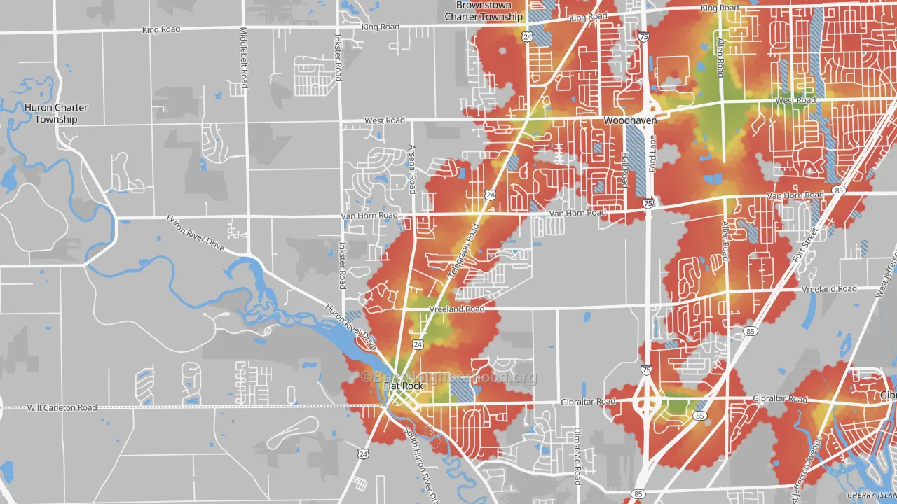 Walk Grade map of Flat Rock Area, Flat Rock, MI, walkable areas in green and car-dependent areas in red