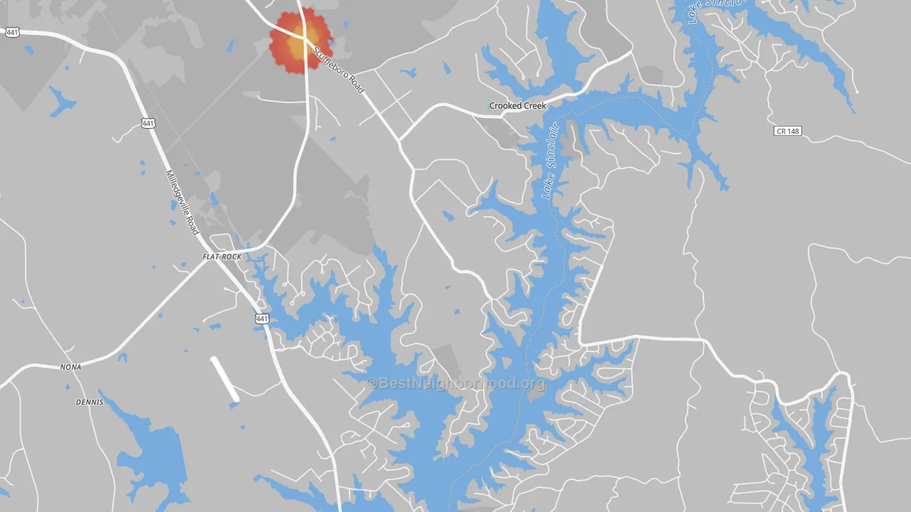 Walk Grade map of Flat Rock, GA, walkable areas in green and car-dependent areas in red