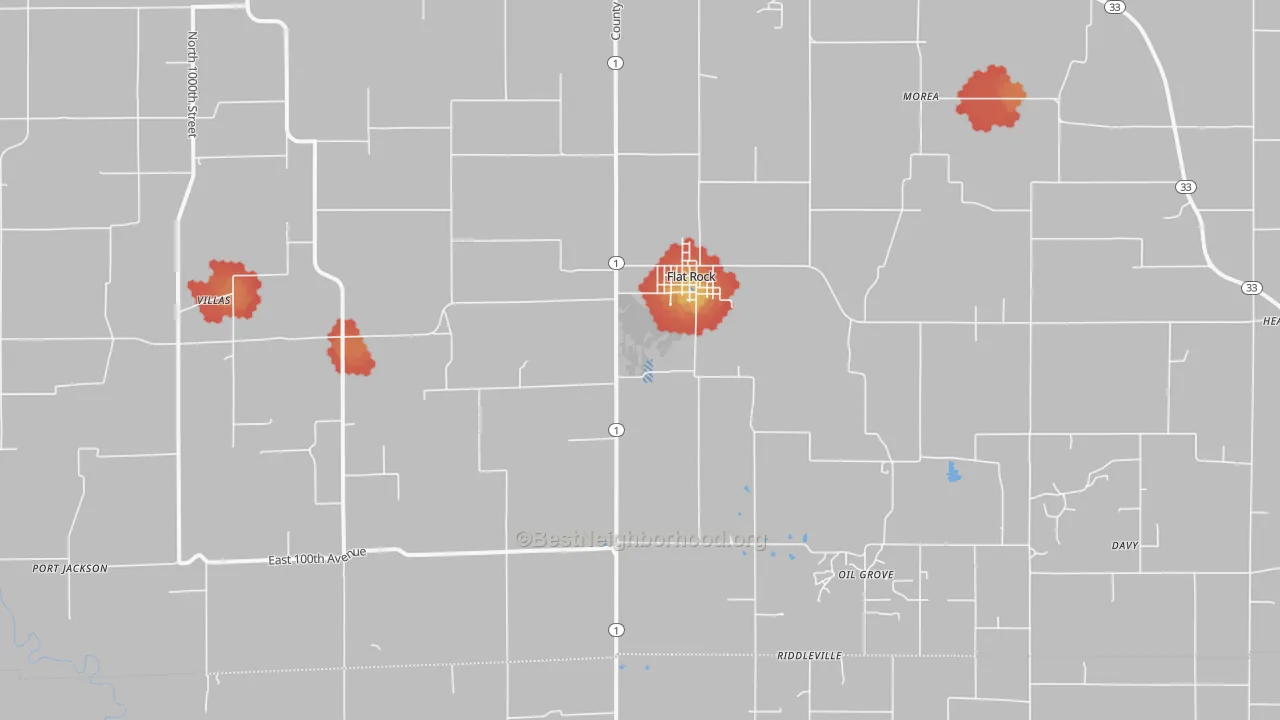 Walk Grade map of Flat Rock, IL, walkable areas in green and car-dependent areas in red