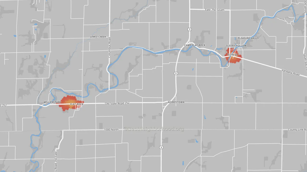 Walk Grade map of Flat Rock, IN, walkable areas in green and car-dependent areas in red