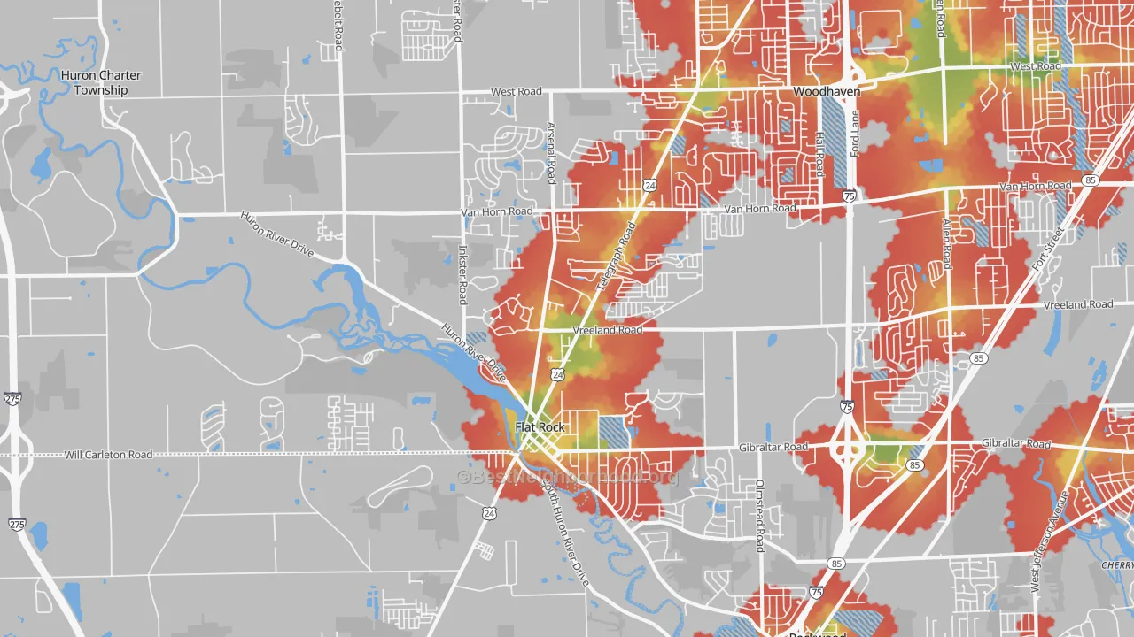 Walk Grade map of Flat Rock, MI, walkable areas in green and car-dependent areas in red