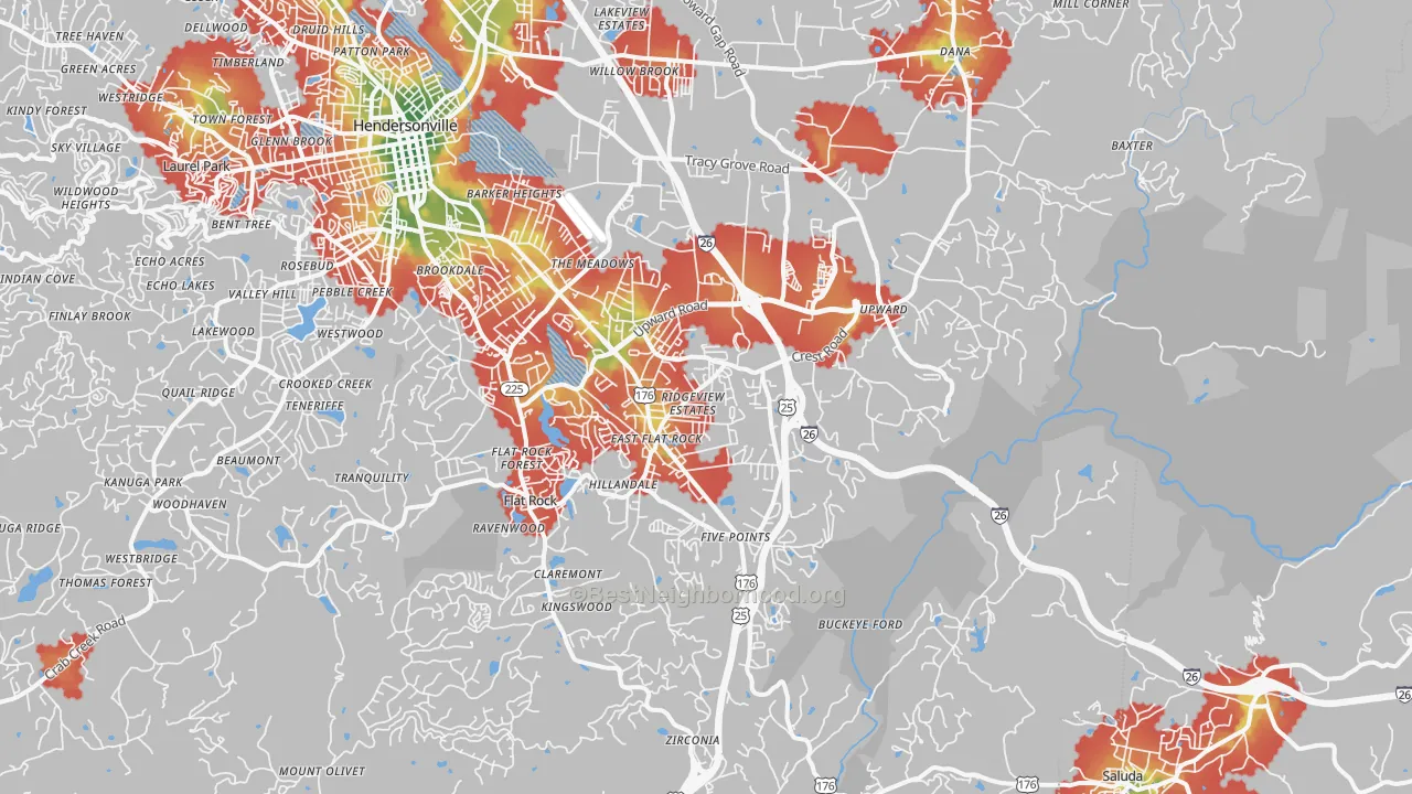 Walk Grade map of Flat Rock, NC, walkable areas in green and car-dependent areas in red