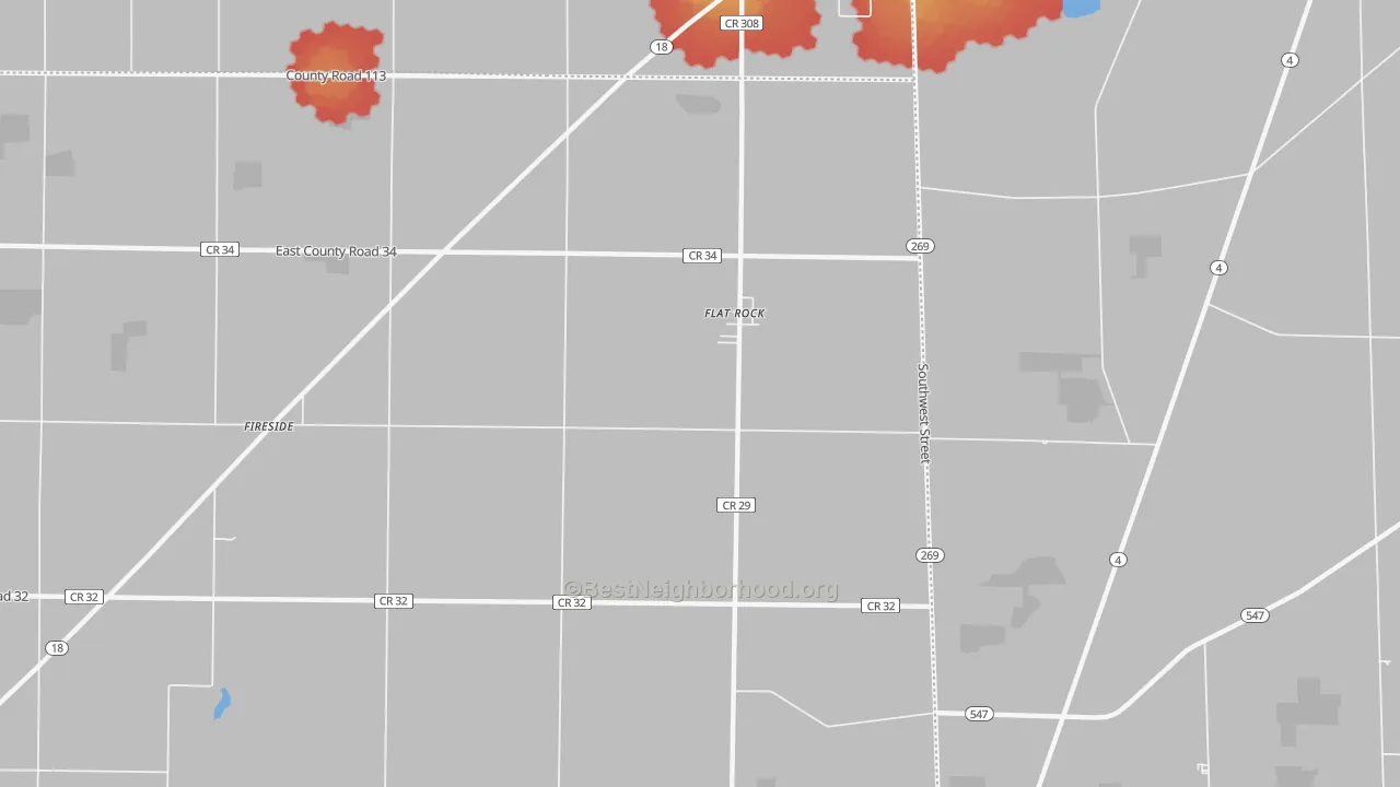 Walk Grade map of Flat Rock, OH, walkable areas in green and car-dependent areas in red
