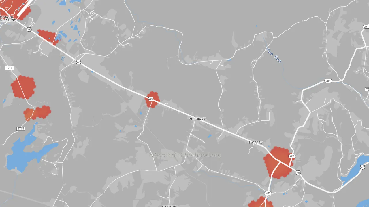 Walk Grade map of Flat Rock, PA, walkable areas in green and car-dependent areas in red