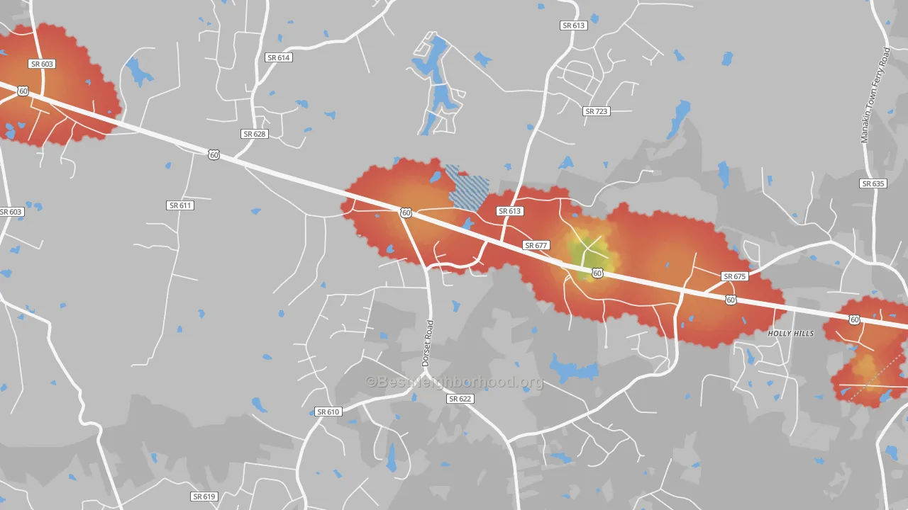 Walk Grade map of Flat Rock, VA, walkable areas in green and car-dependent areas in red