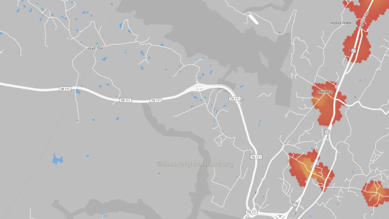 Walk Grade map of Flat Top Mountain, TN, walkable areas in green and car-dependent areas in red