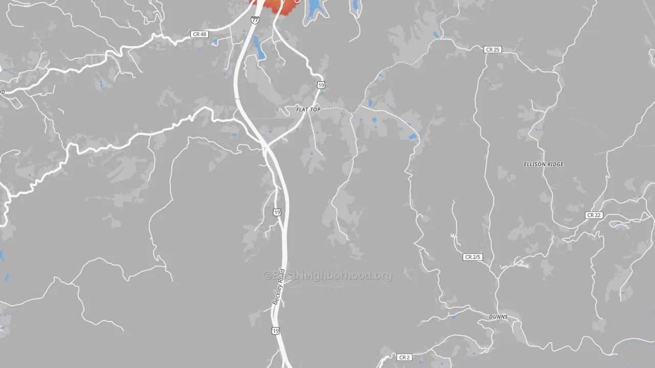 Walk Grade map of Flat Top, WV, walkable areas in green and car-dependent areas in red