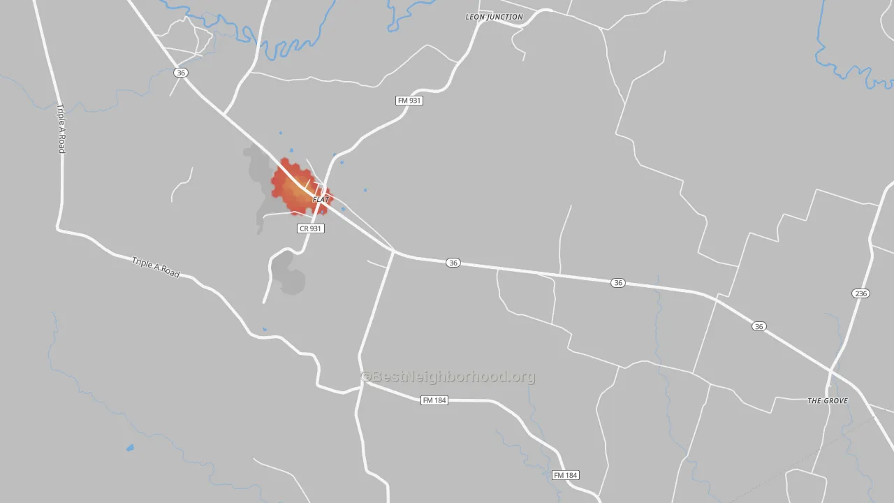 Walk Grade map of Flat, TX, walkable areas in green and car-dependent areas in red