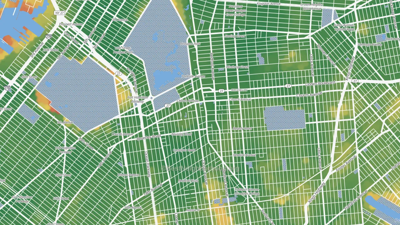 Walk Grade map of Flatbush-Ditmas Park, Brooklyn, NY, walkable areas in green and car-dependent areas in red