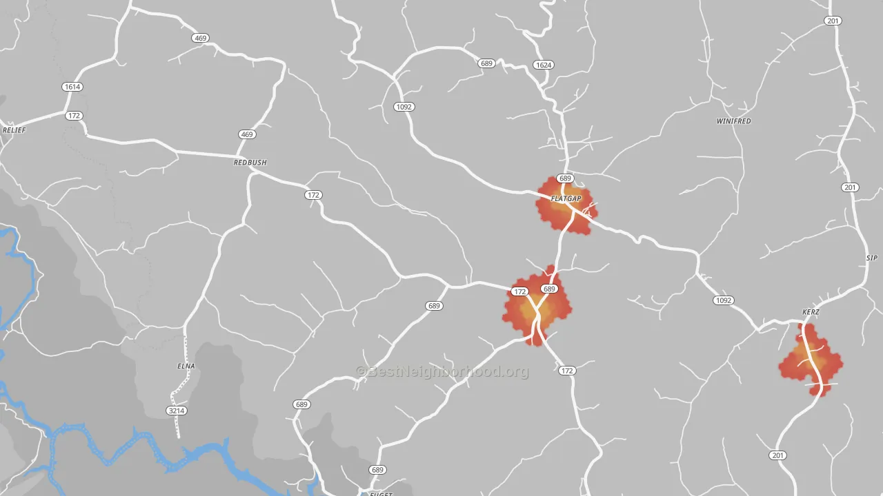 Walk Grade map of Flatgap, KY, walkable areas in green and car-dependent areas in red
