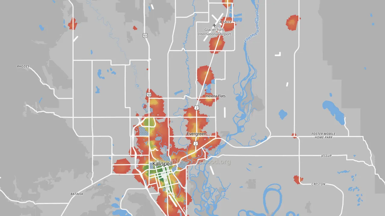 Walk Grade map of Flathead County, MT, walkable areas in green and car-dependent areas in red