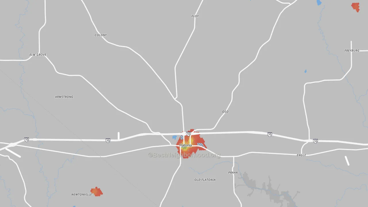 Walk Grade map of Flatonia, TX, walkable areas in green and car-dependent areas in red