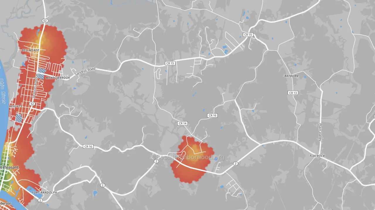 Walk Grade map of Flatrock, WV, walkable areas in green and car-dependent areas in red