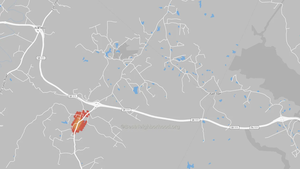 Walk Grade map of Flattop, TN, walkable areas in green and car-dependent areas in red