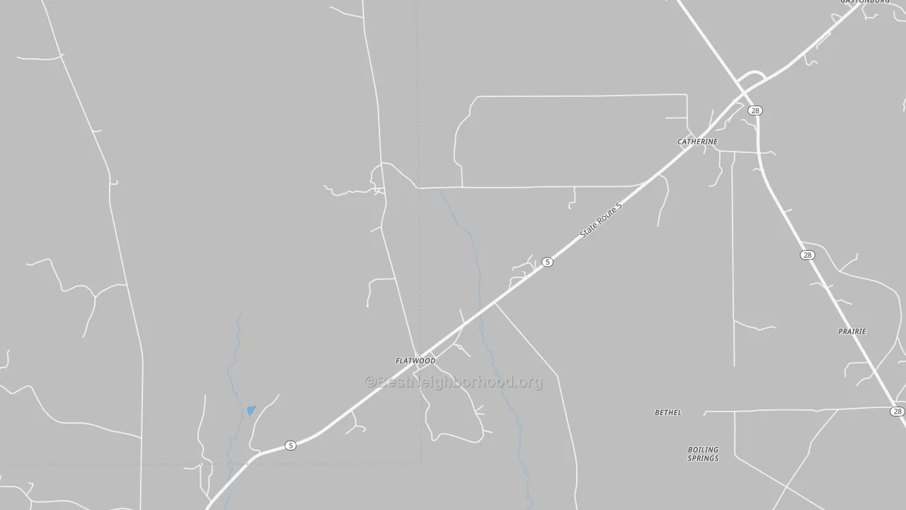 Walk Grade map of Flatwood, AL, walkable areas in green and car-dependent areas in red