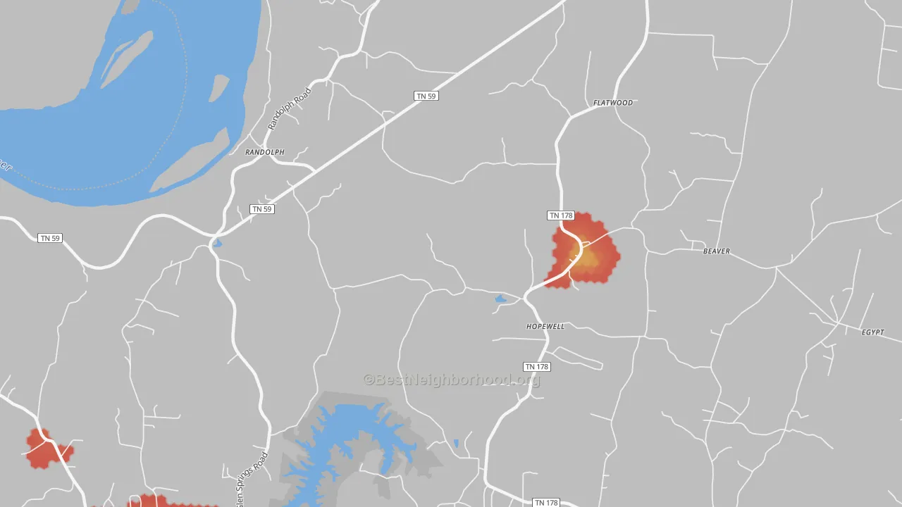 Walk Grade map of Flatwood, TN, walkable areas in green and car-dependent areas in red
